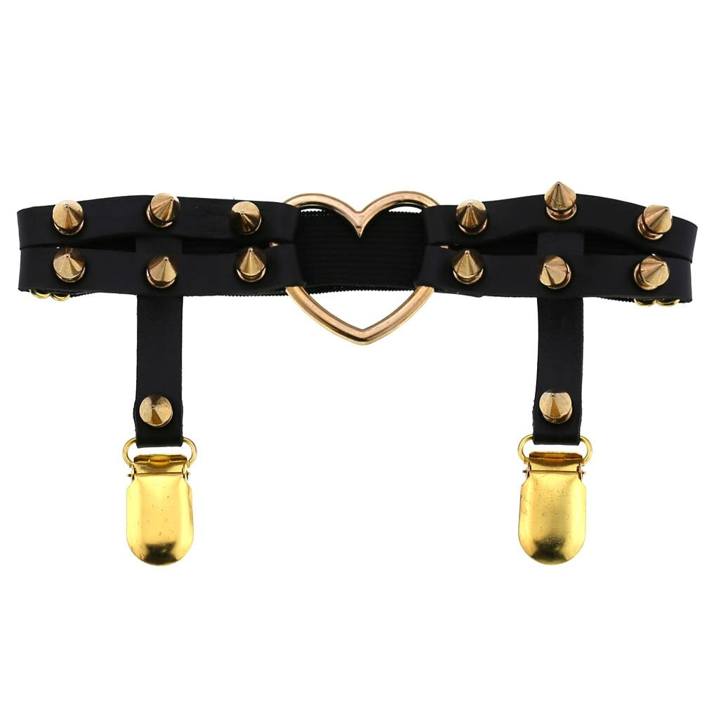 2-Pack Punk Style Leather Heart Garter Belts Elastic Leg Garters With Studs, Adjustable 12" To 22", Faux Leather 2-Pack Punk Style Leather Heart Garter Belts Elastic Leg Garters With Studs, Adjustable 12" To 22", Faux Leather